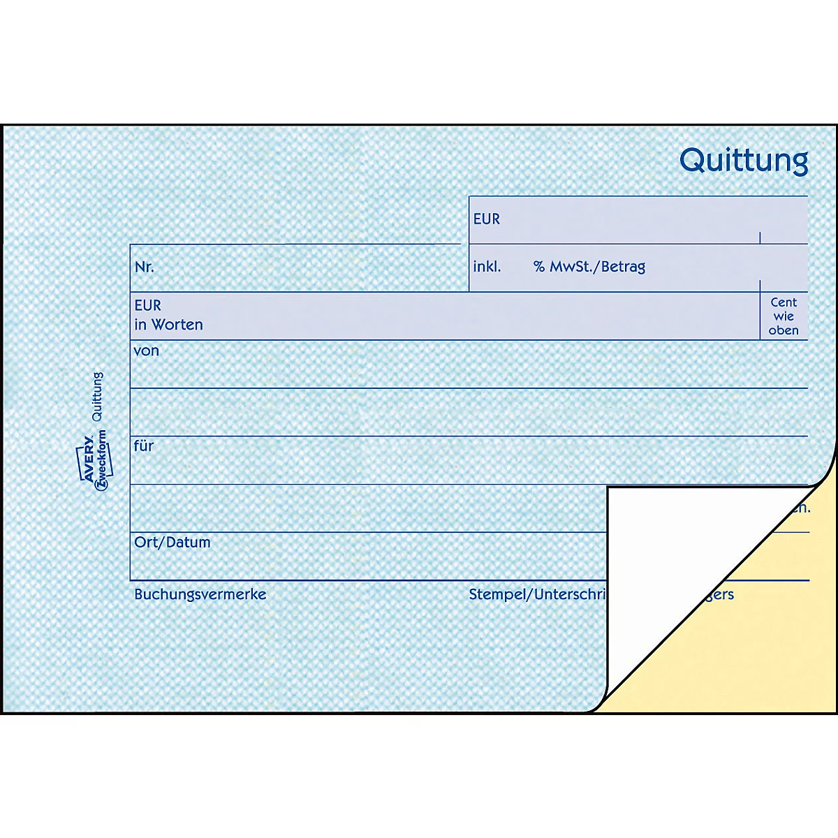 A blue receipt form with the headings "Receipt", "EUR", "No.", "EUR in words" and "Stamp/Signature".