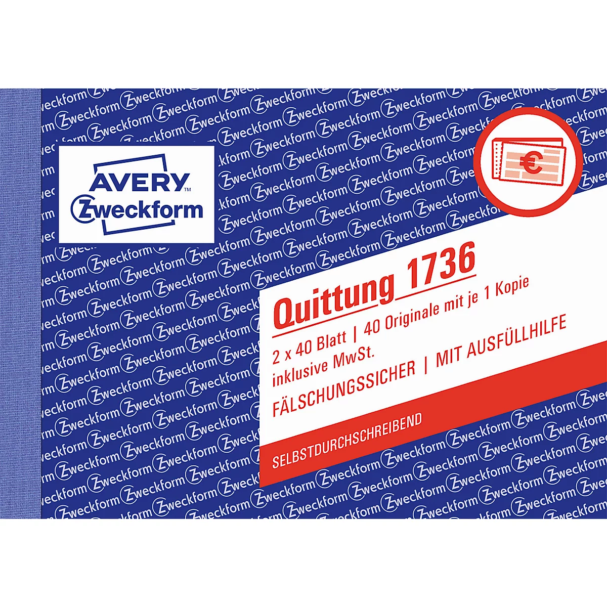 Blue sheet with text. Printed is Avery Zweckform, under it Receipt 1736. Logo with euro sign, text: tamper-proof.