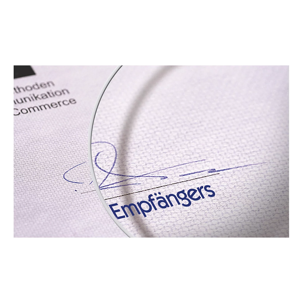 Close-up of a document with a blue signature and the word "Empfängers".