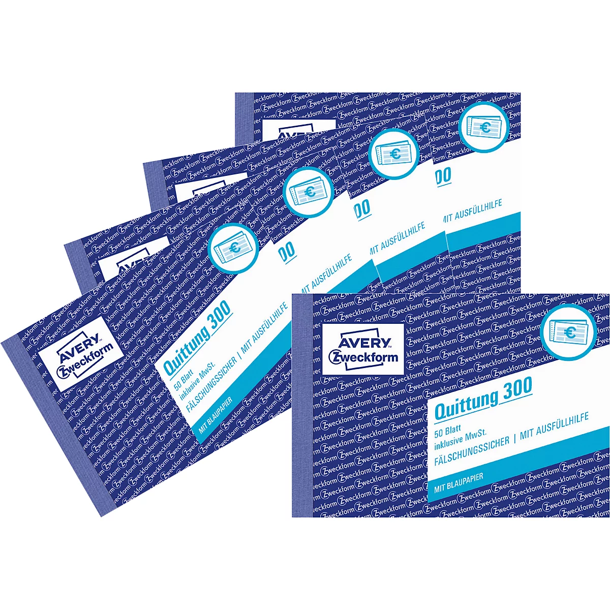 Several blue receipt pads with white text, stacked. Inscription: Receipt 300, Avery Zweckform.
