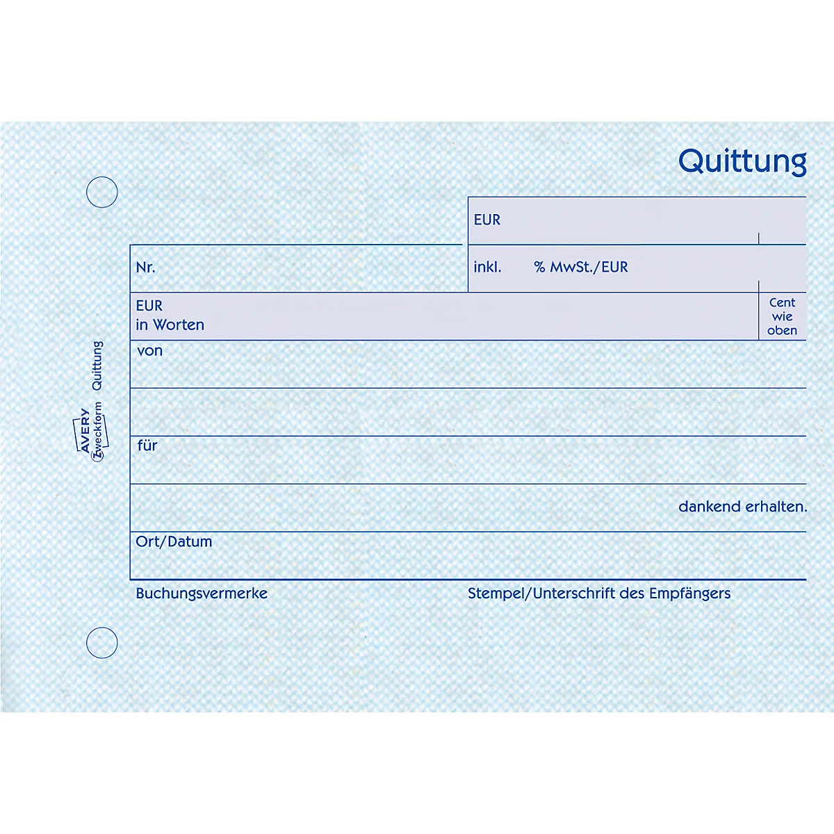 Receipt form with fields for amount, VAT, date and signature. The receipt has a blue pattern and is in German.