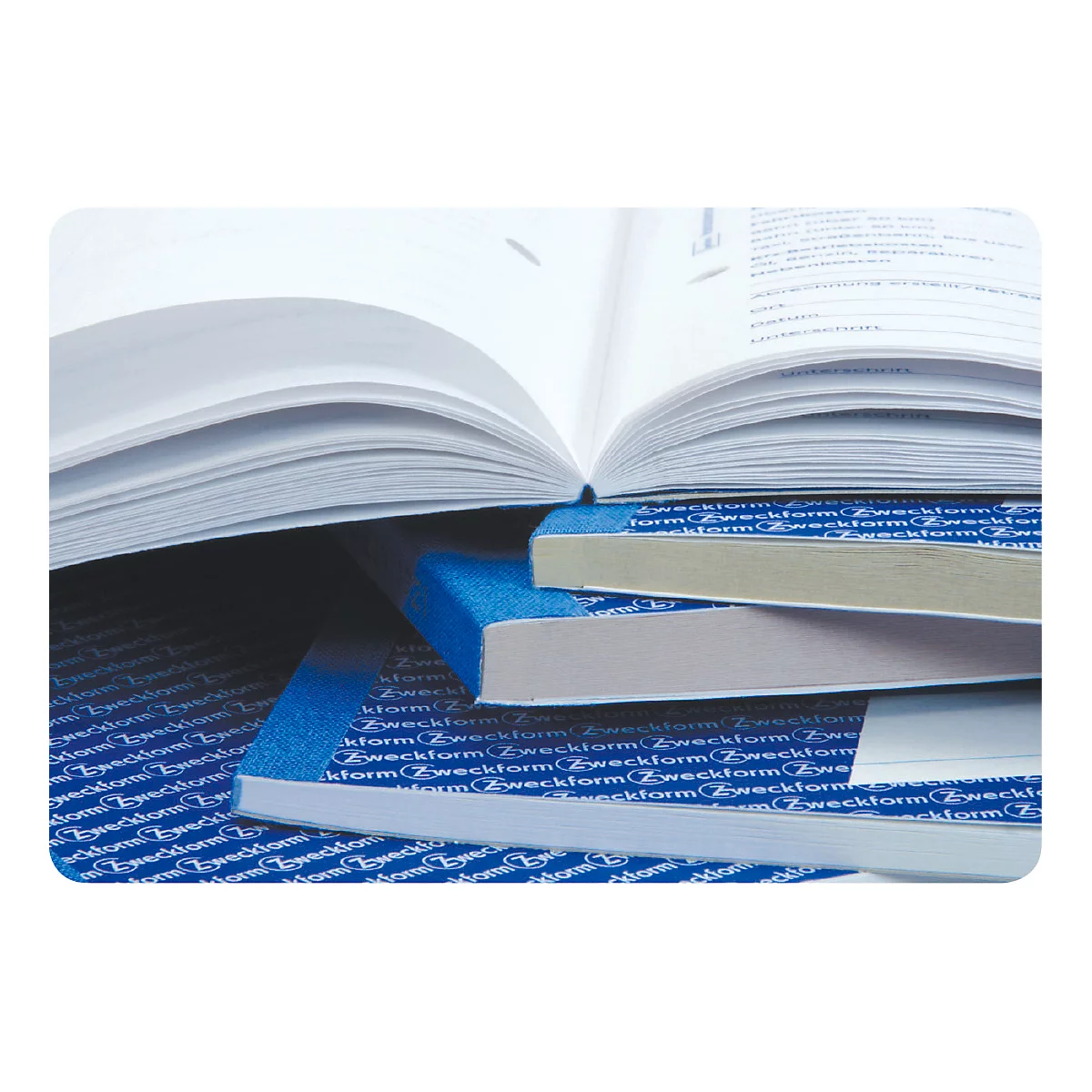 Pile of open books: A blue and white book is on top of others, printed with "Zweckform".