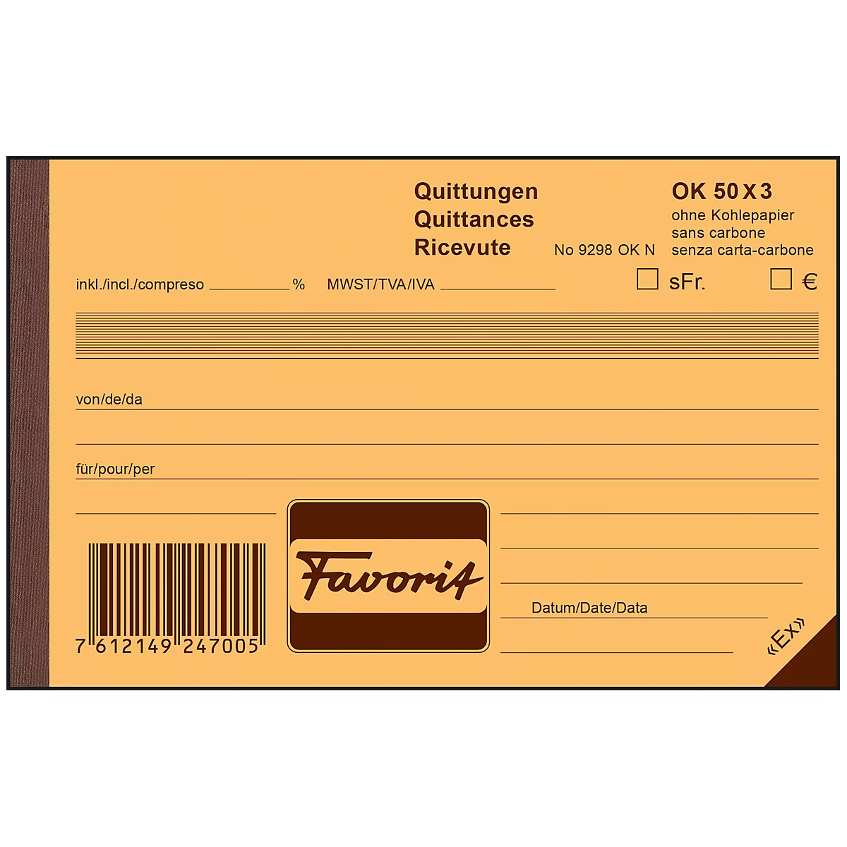 Yellow receipt block with inscriptions, including Favorit logo and barcode.