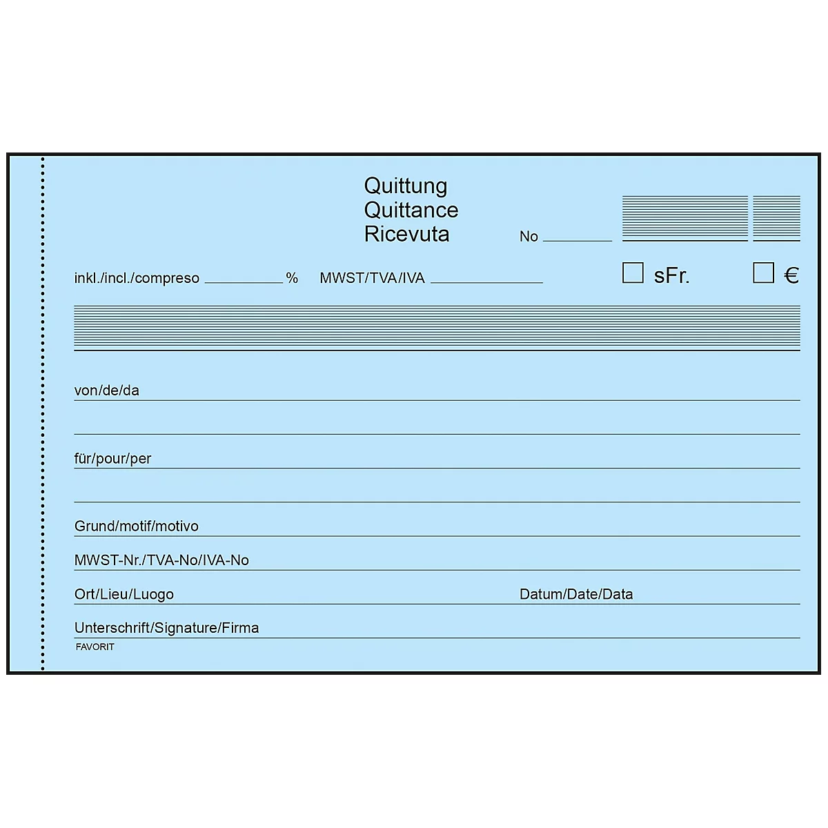Blue receipt form with titles Quittung, Quittance and Ricevuta. Various text fields and checkboxes for information.