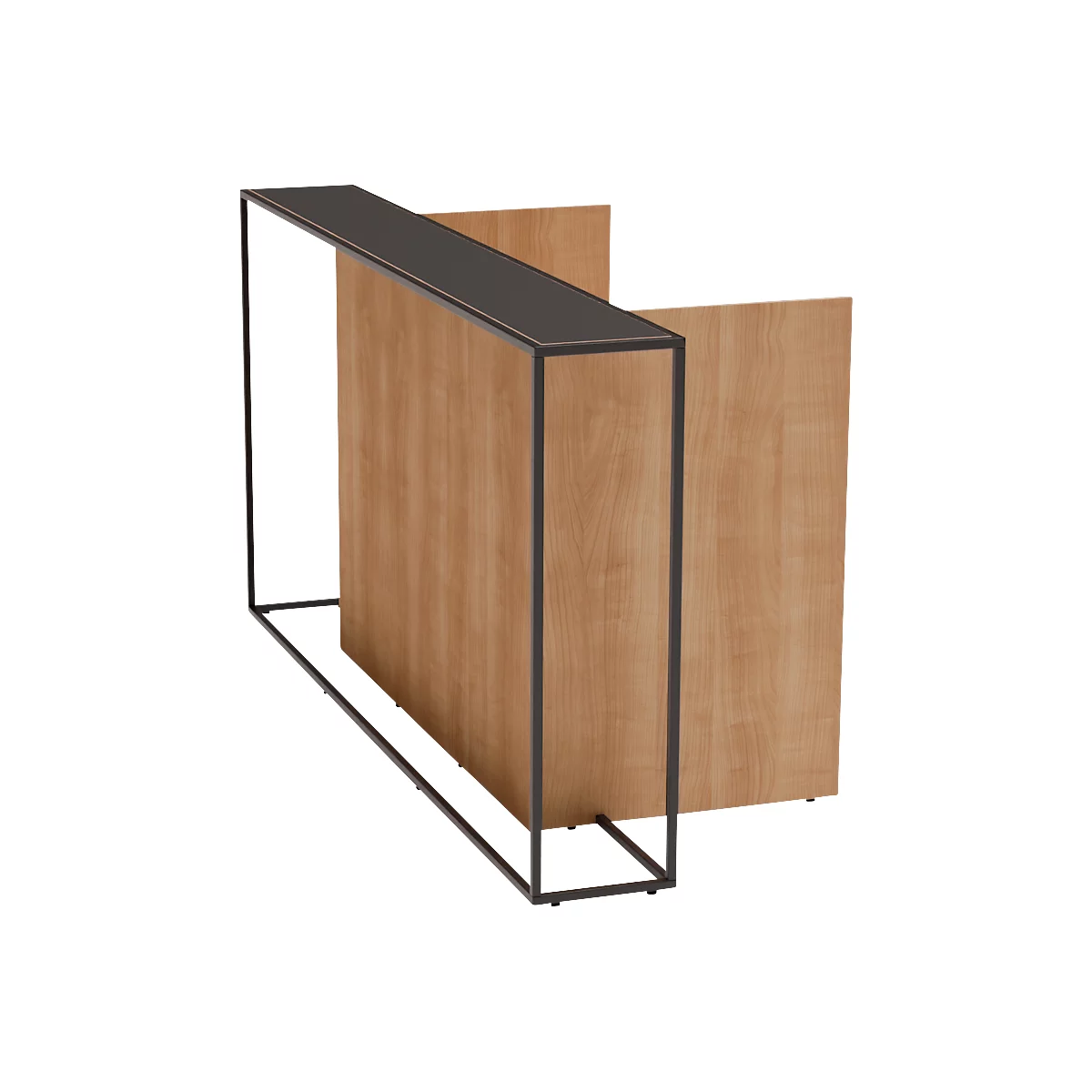 Bijzettafel van hout met zwart metalen frame. Een tafelblad wordt ondersteund door twee houten panelen en een frame.