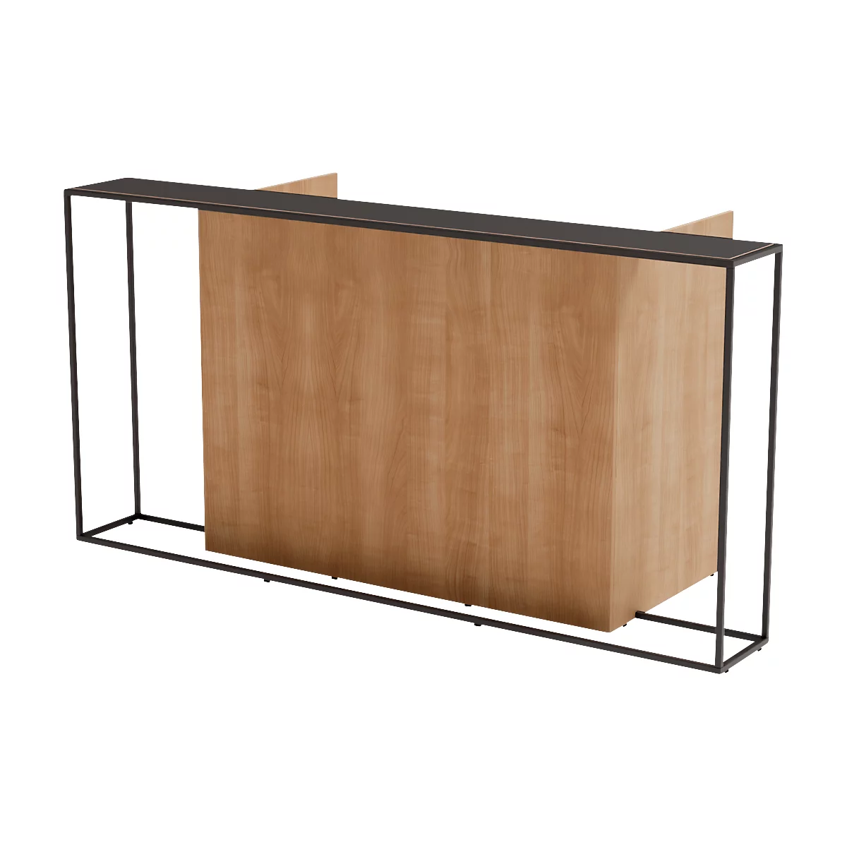 Houten kast met zwart metalen frame. De kast heeft een rechthoekige vorm en toont de houtnerf.