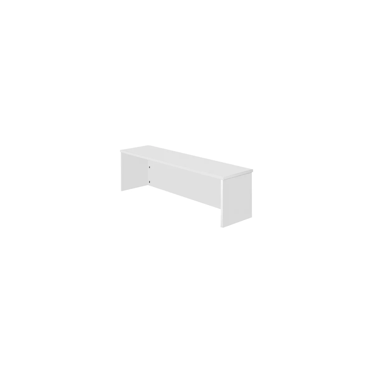 White desk. Rectangular shape with two side walls. Screws on the side.