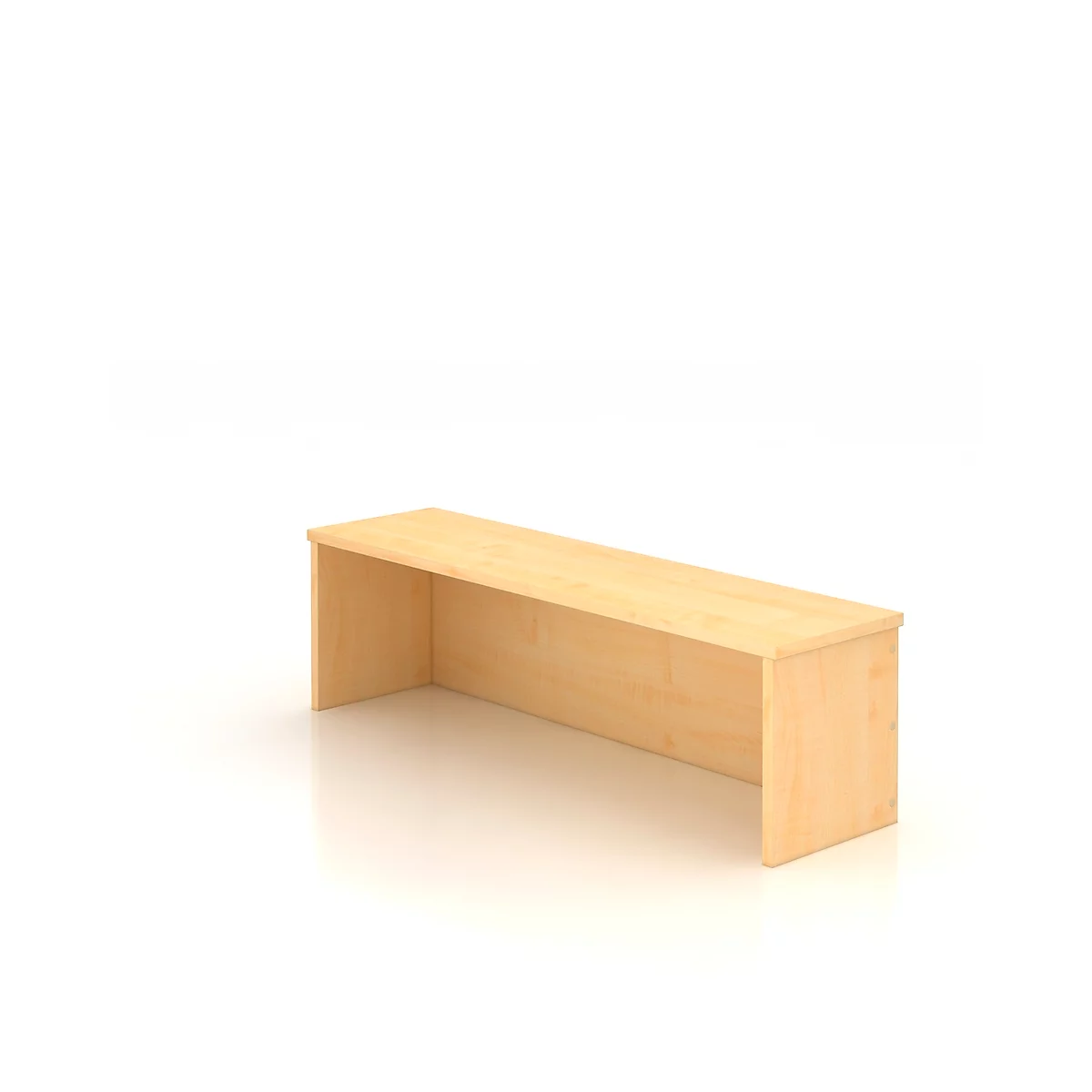 A beige, rectangular desk stands against a white background. It has two side panels and a wide work surface.