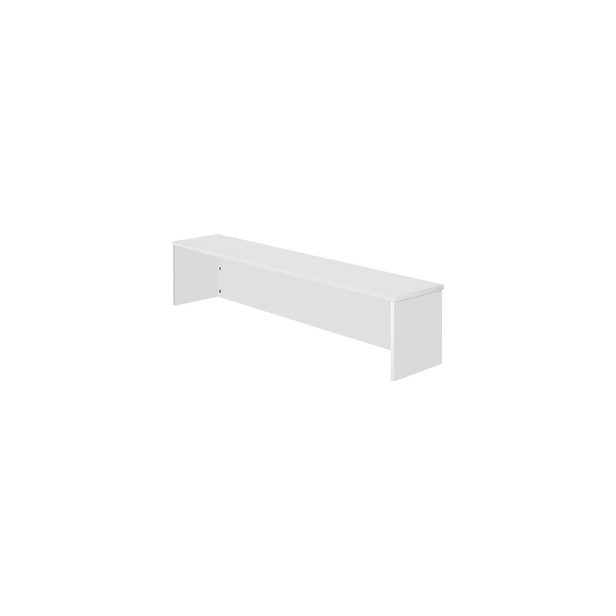 A white, rectangular table top that is beveled on the sides. Two vertical table legs are attached at the ends.