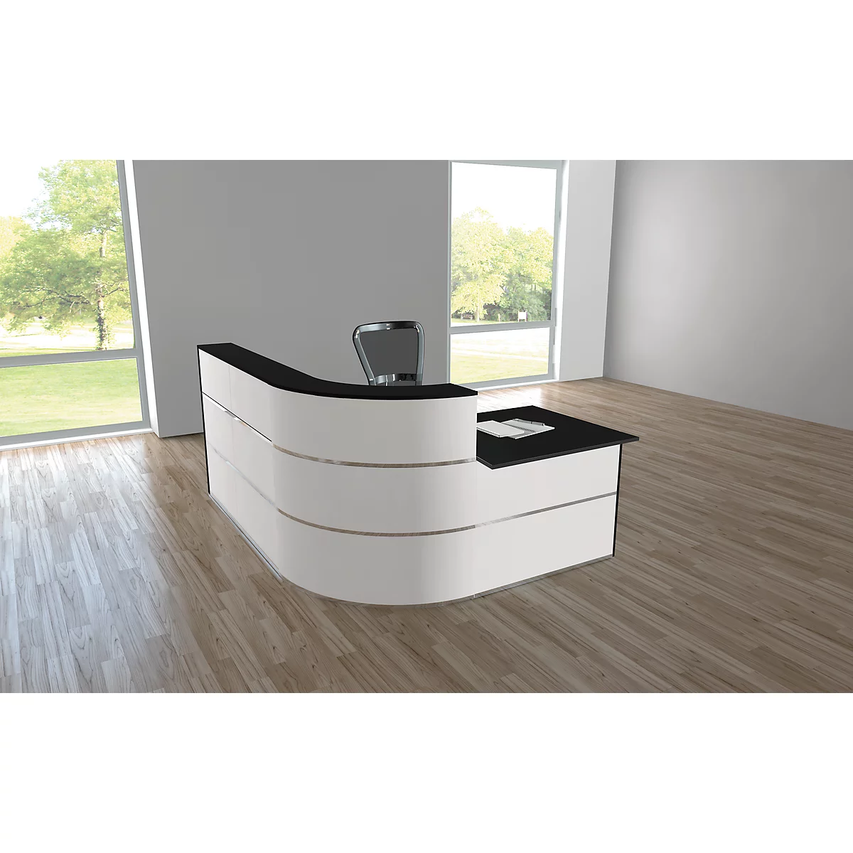Modern white reception desk with black surface, office chair in front. Bright room with wooden floor and window.