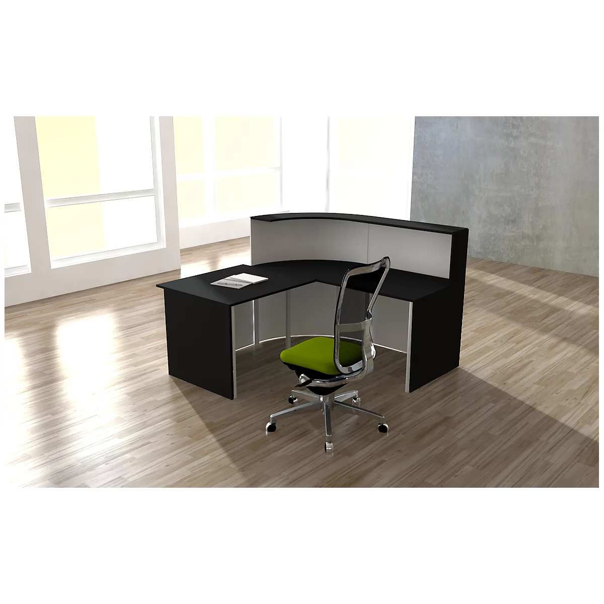 Black reception desk with chair in front of a light background, a book lies on the table.