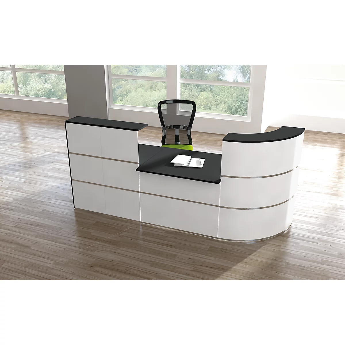 White reception desk with black shelf, behind it an office chair in front of a window.