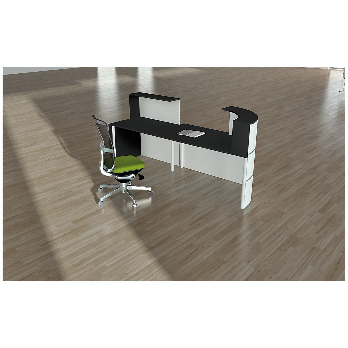 Black and white desk, green office chair. A book lies on the tabletop. Light wooden parquet. Light and shadow.
