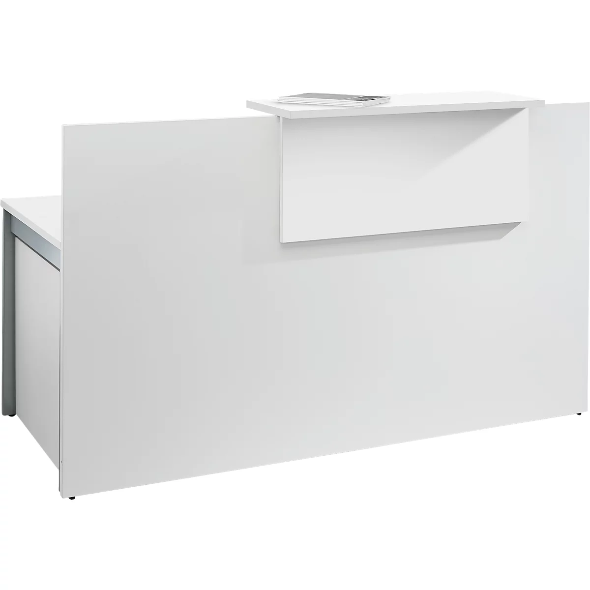 White reception desk with small shelf. Modern design.