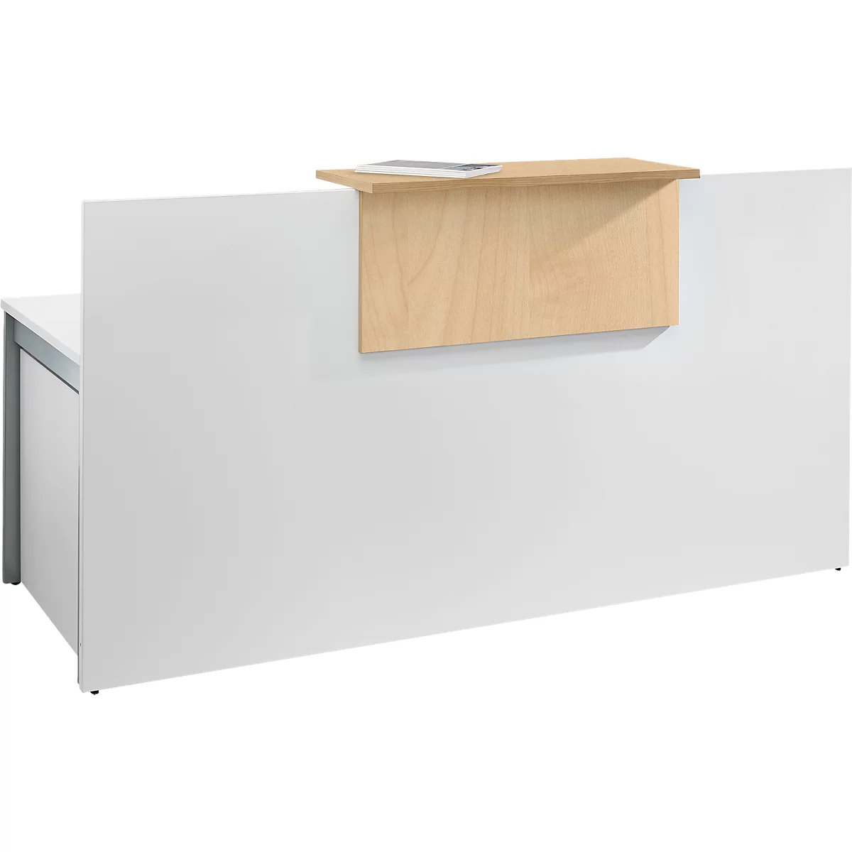 A white reception desk with a wooden panel holding a piece of paper.