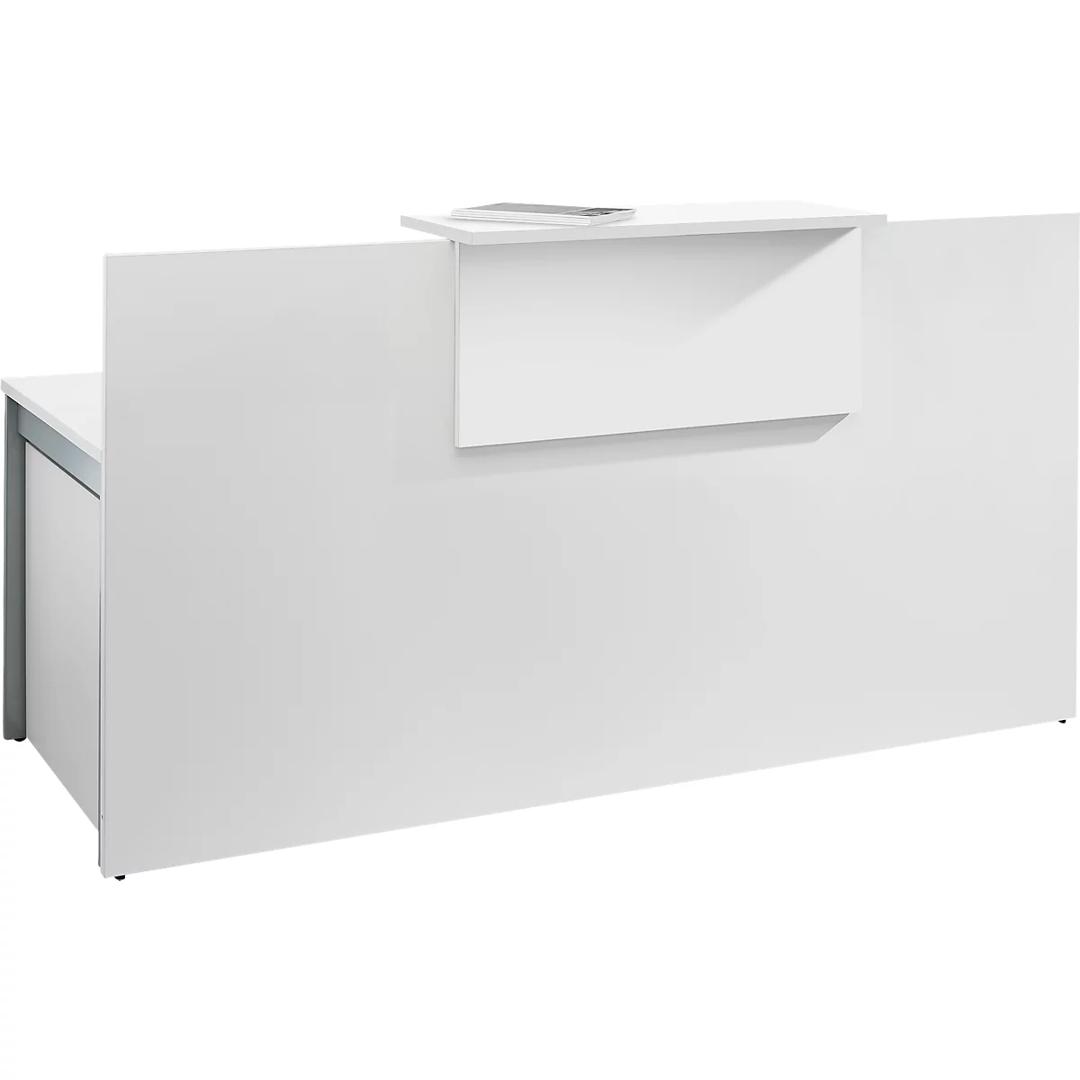 White reception desk with tabletop and front. The table has a modern and minimalist design.
