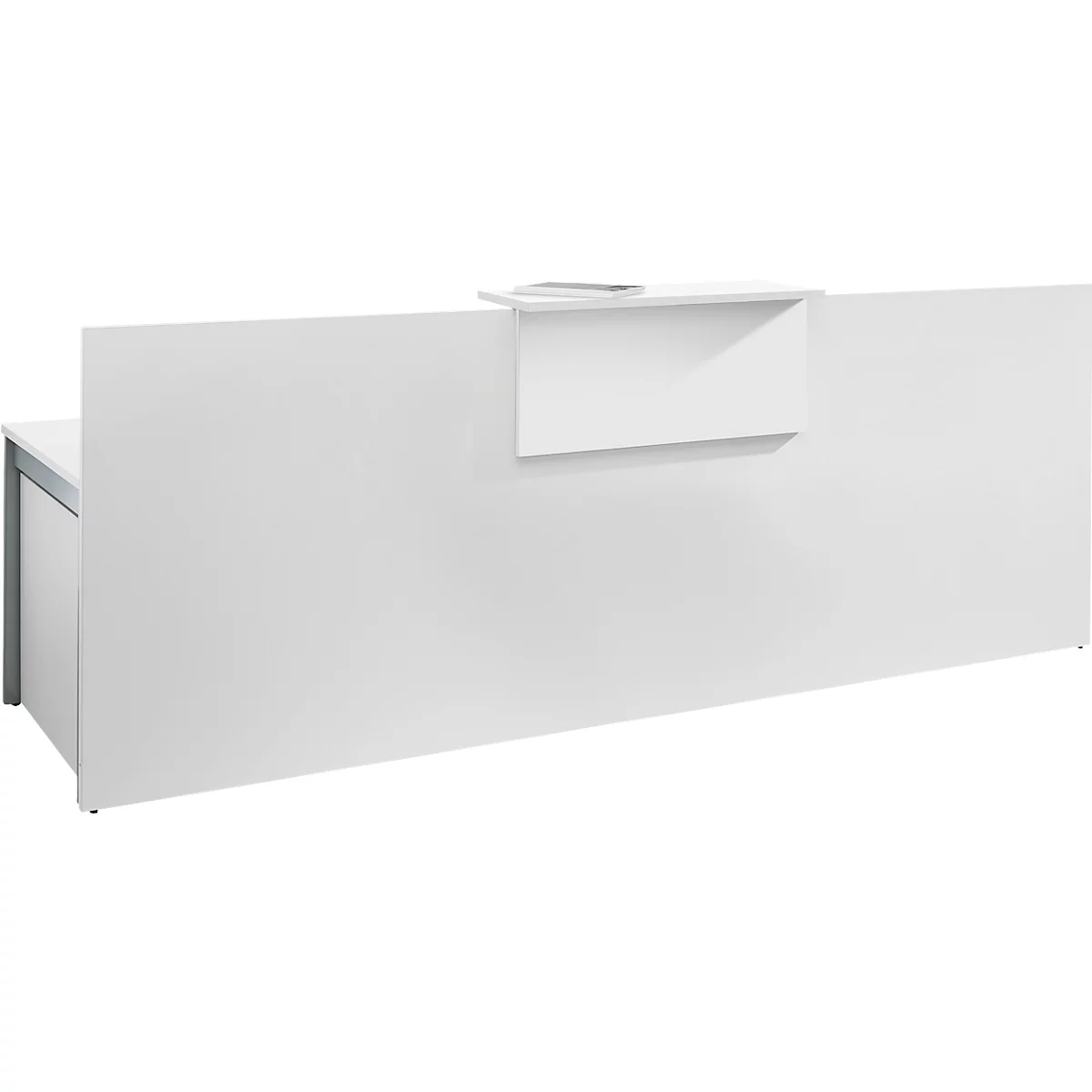 A white reception desk with a small raised area for documents.