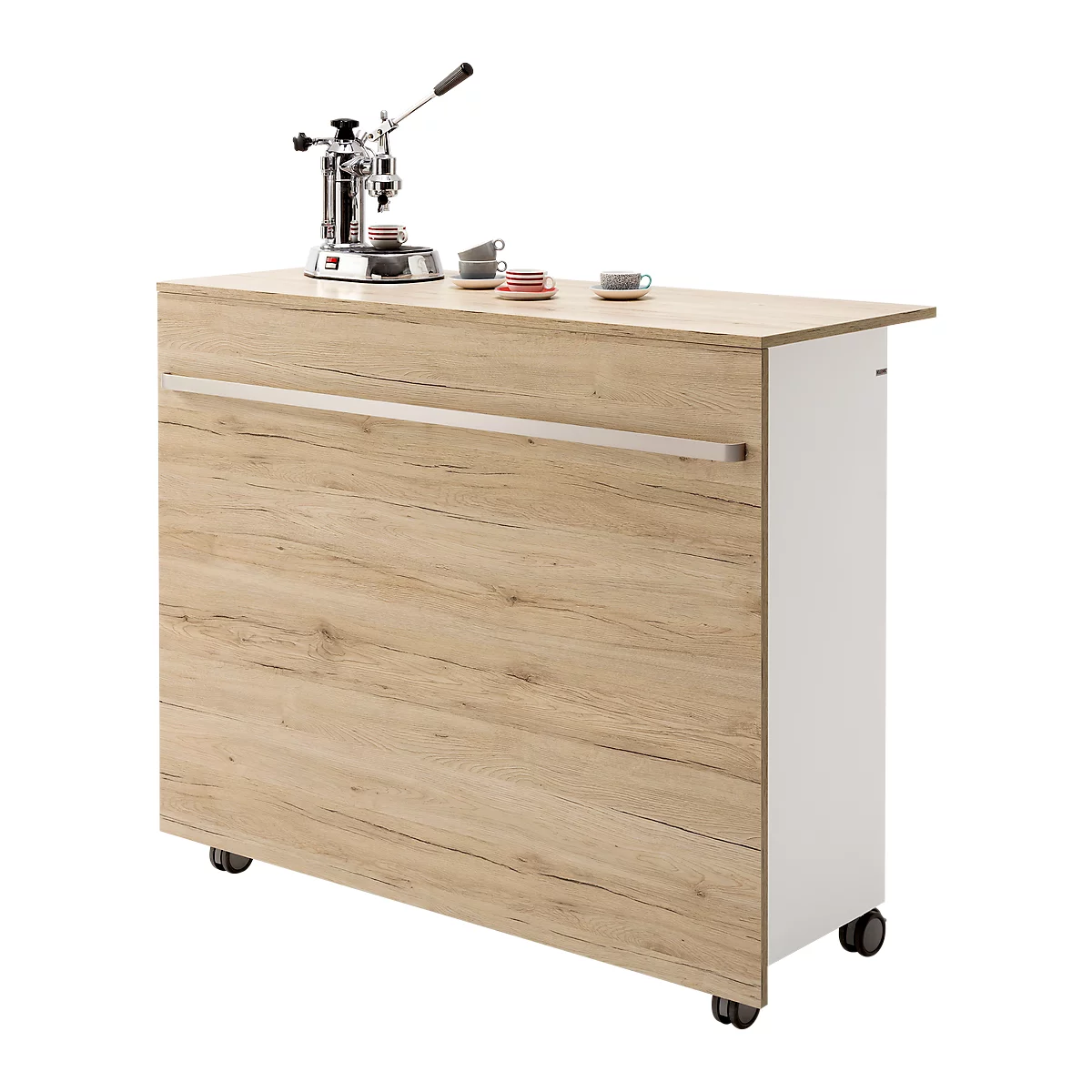 A mobile bar table with espresso machine, cups, wood look and castors.