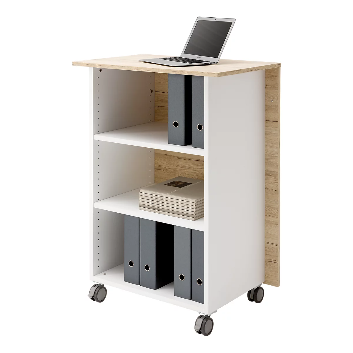 Rolling cart with wood top, laptop and file folders. Three shelves, gray folders, laptop, castors.