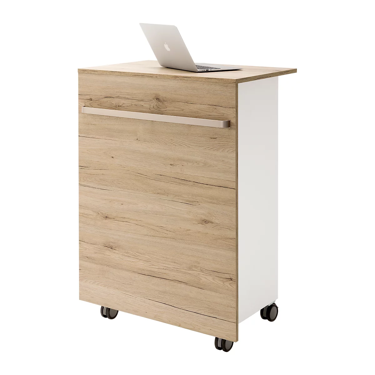 A mobile side table with wood look and white side panel, with a laptop on top.