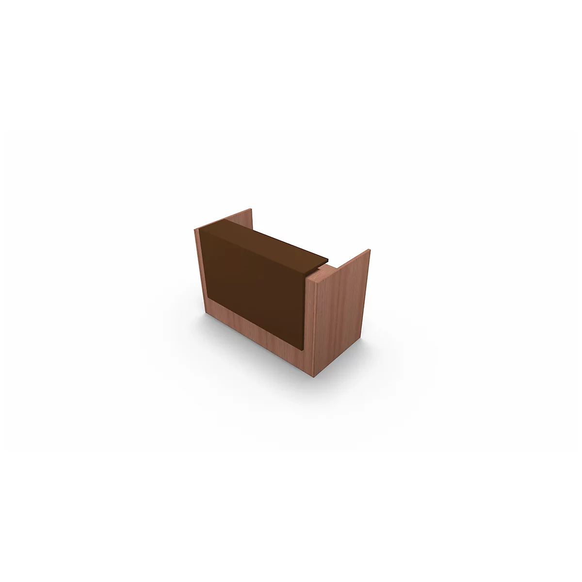 Brown wooden reception desk on a white background.