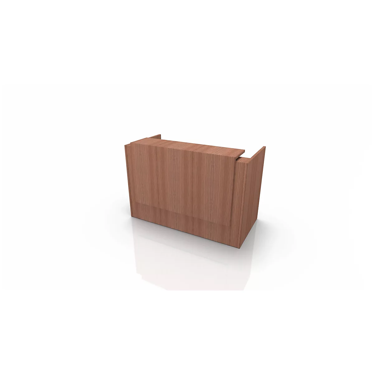 Wooden reception desk. Brown wood surface, with straight lines. Minimalist design. On a white background.