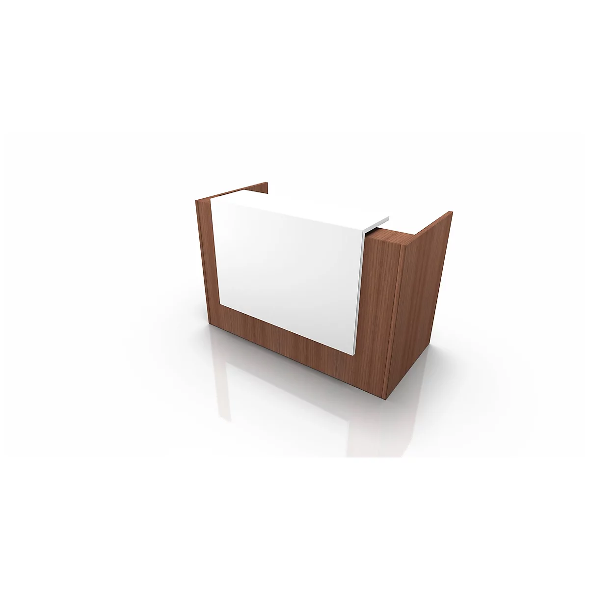 A brown rectangular reception desk with a white front, on a white background.