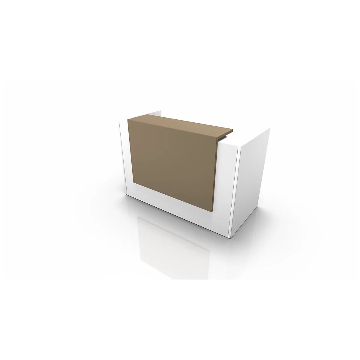 White reception desk with brown front. On white background. Perspective view.