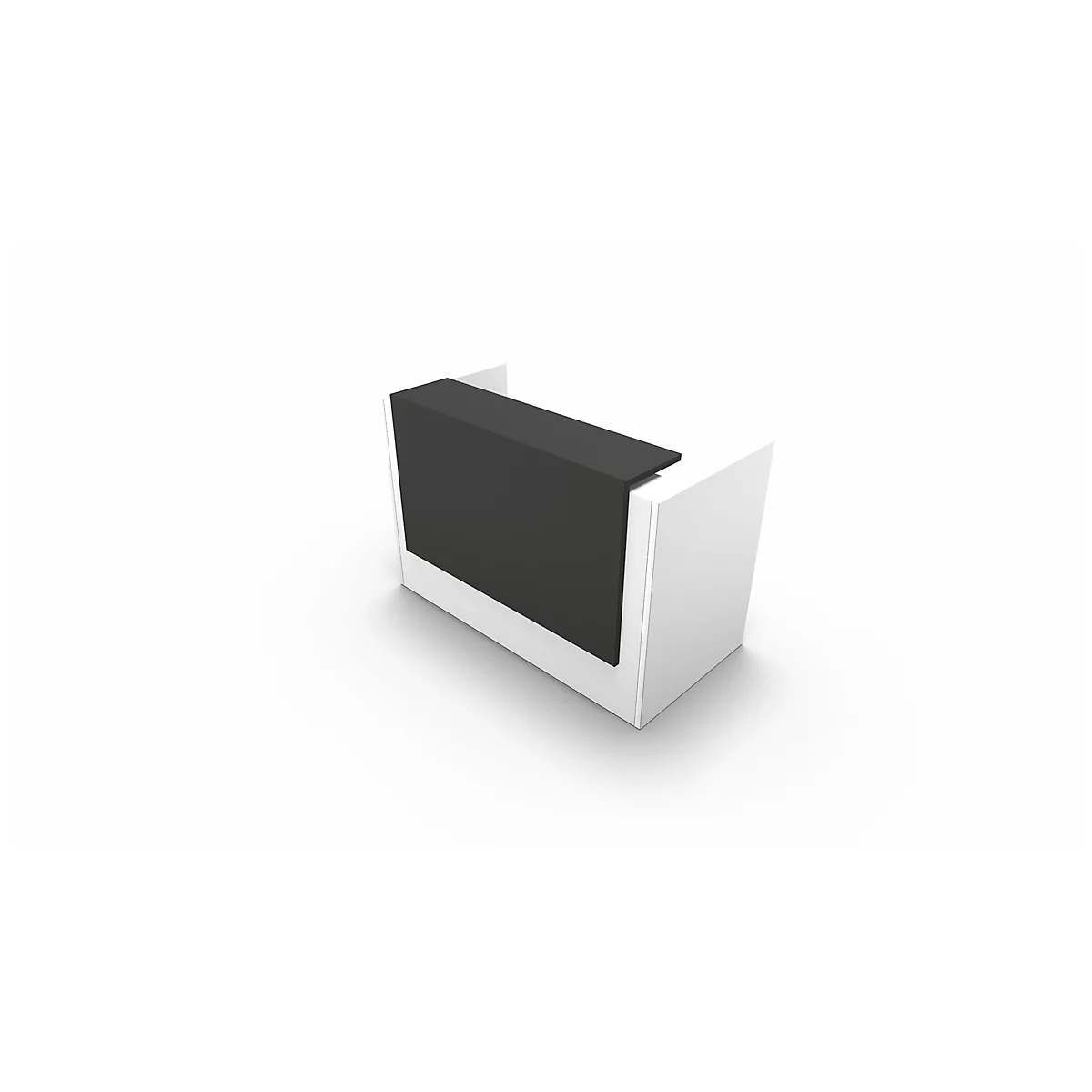 White reception desk with black top on a white background.