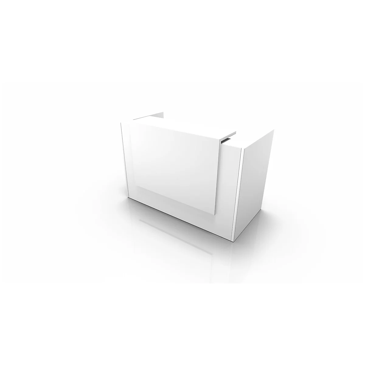 White reception desk, perspective view against white background. Simple design, clean lines.