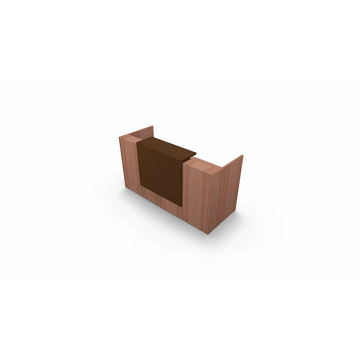 Wooden office reception desk with brown work surface.