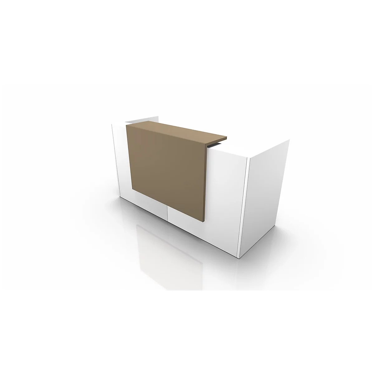 A white reception desk with a brown countertop.