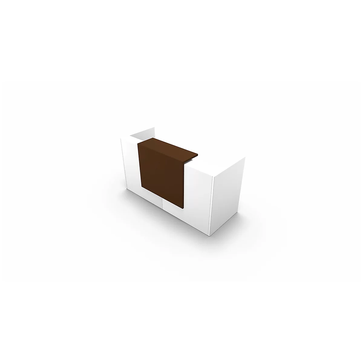 A white reception desk with a brown surface.