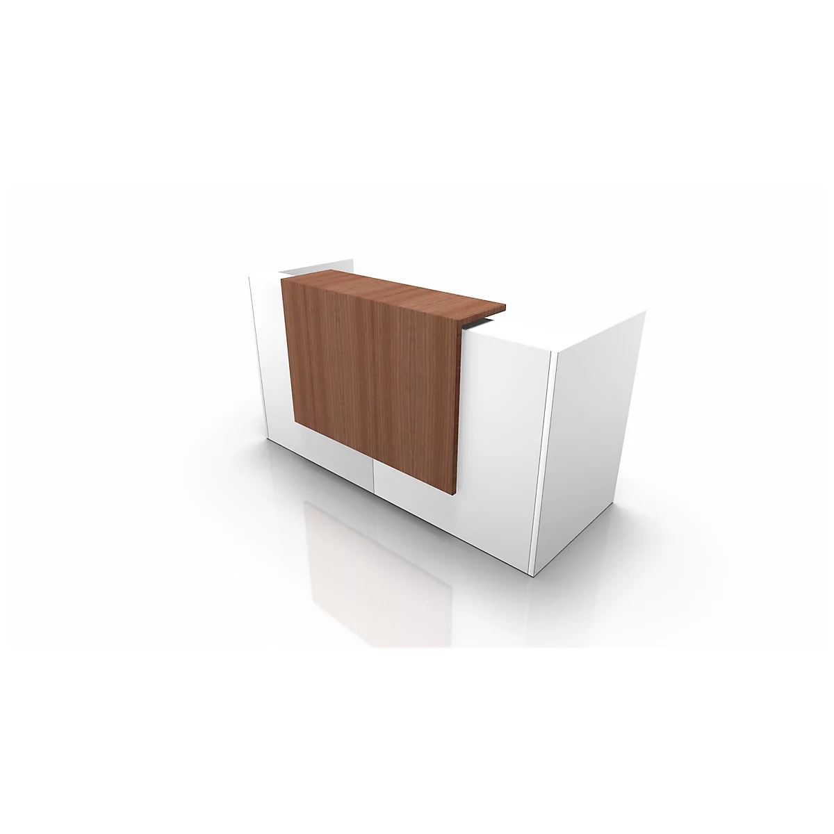 Modern reception desk with white body and brown wooden front.