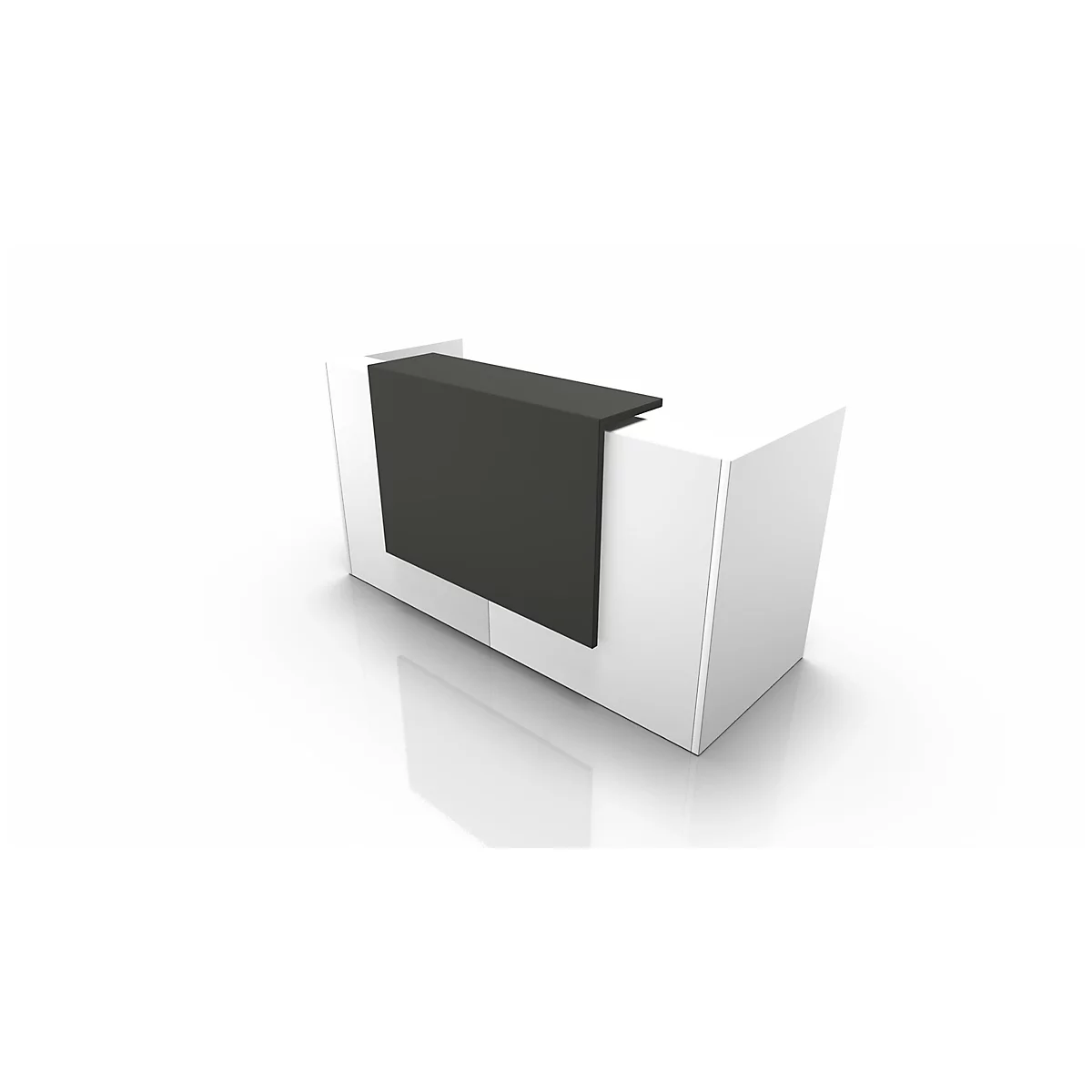 A rendering of a reception desk, white with a black front.