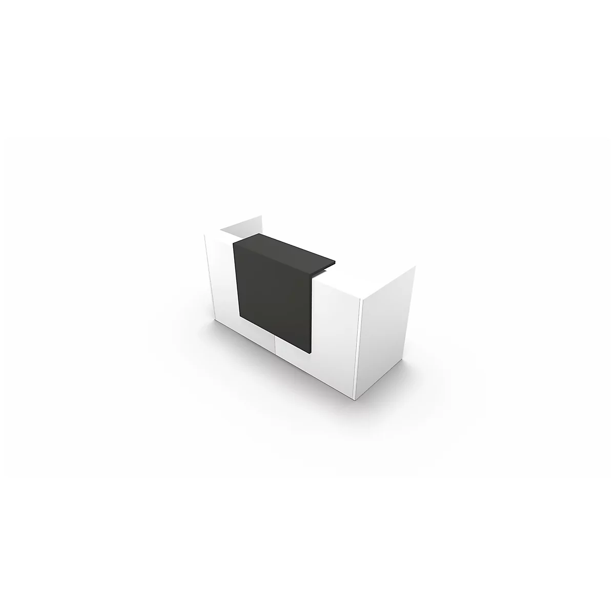 White reception desk with black insert. Minimalist design on white background.