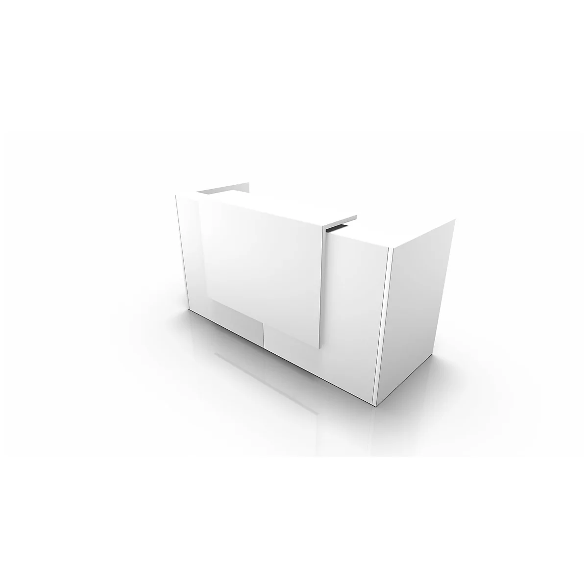 White reception desk, simple design, photographed slightly diagonally, on a white background. Reflection.