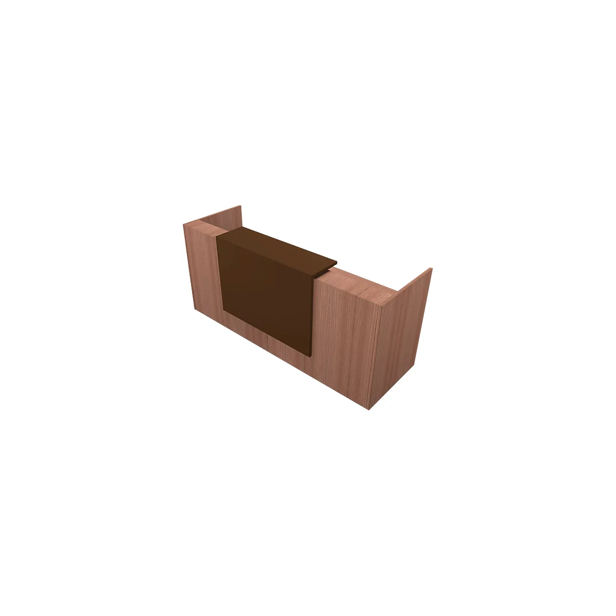 Detail shot of a brown, rectangular metal element attached to a wooden frame.