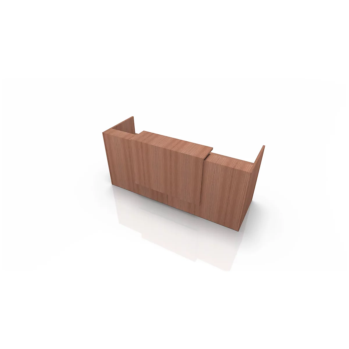 Wooden reception desk, on a white background. The surface of the counter reflects the light.
