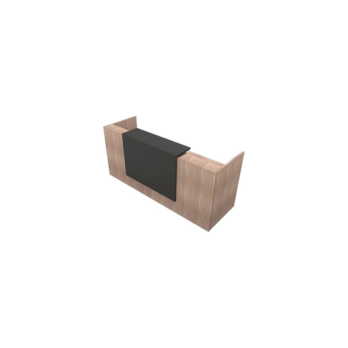 A light wooden desk with a black plate. The desk has a rectangular shape.