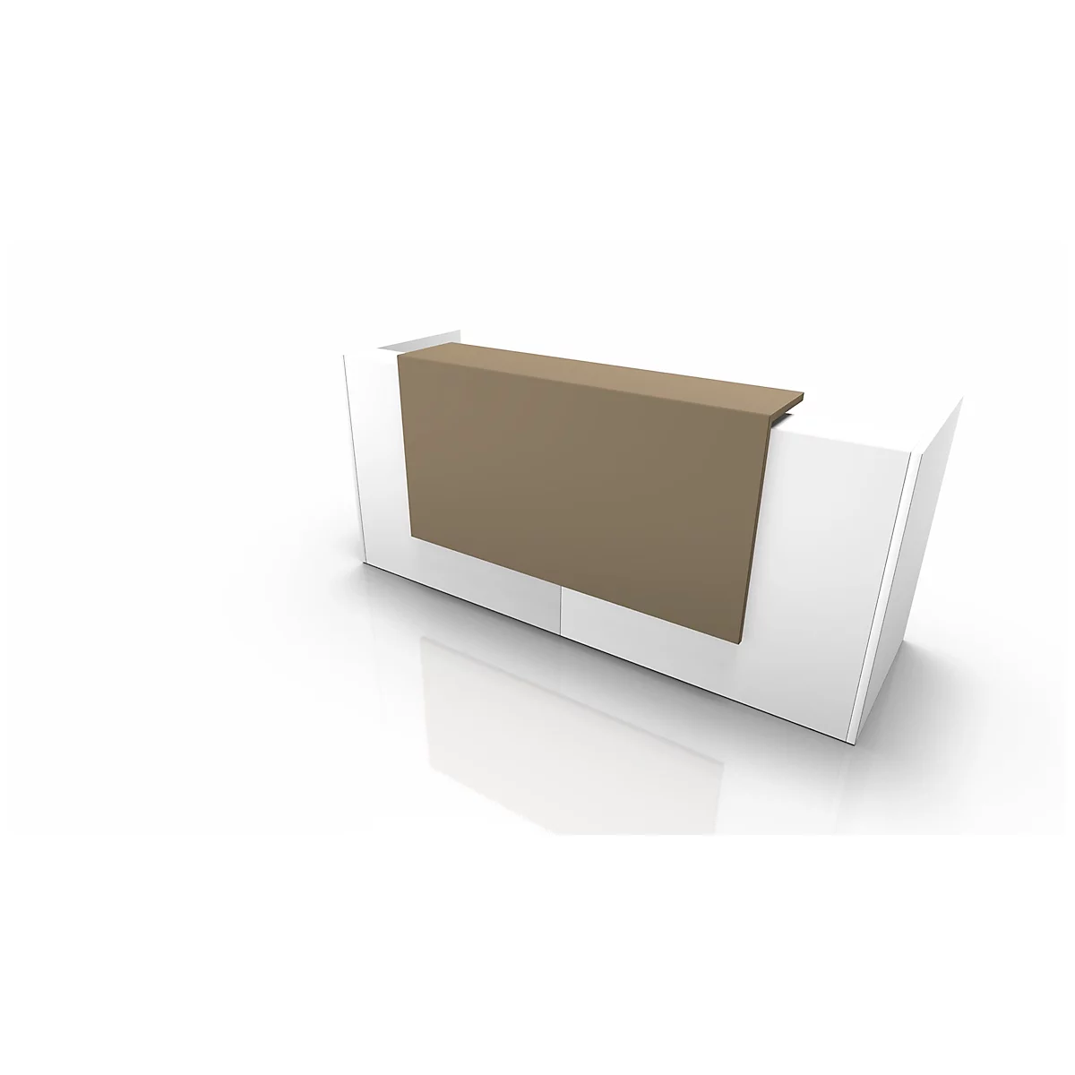 Modern reception desk in white and brown with angled surface.