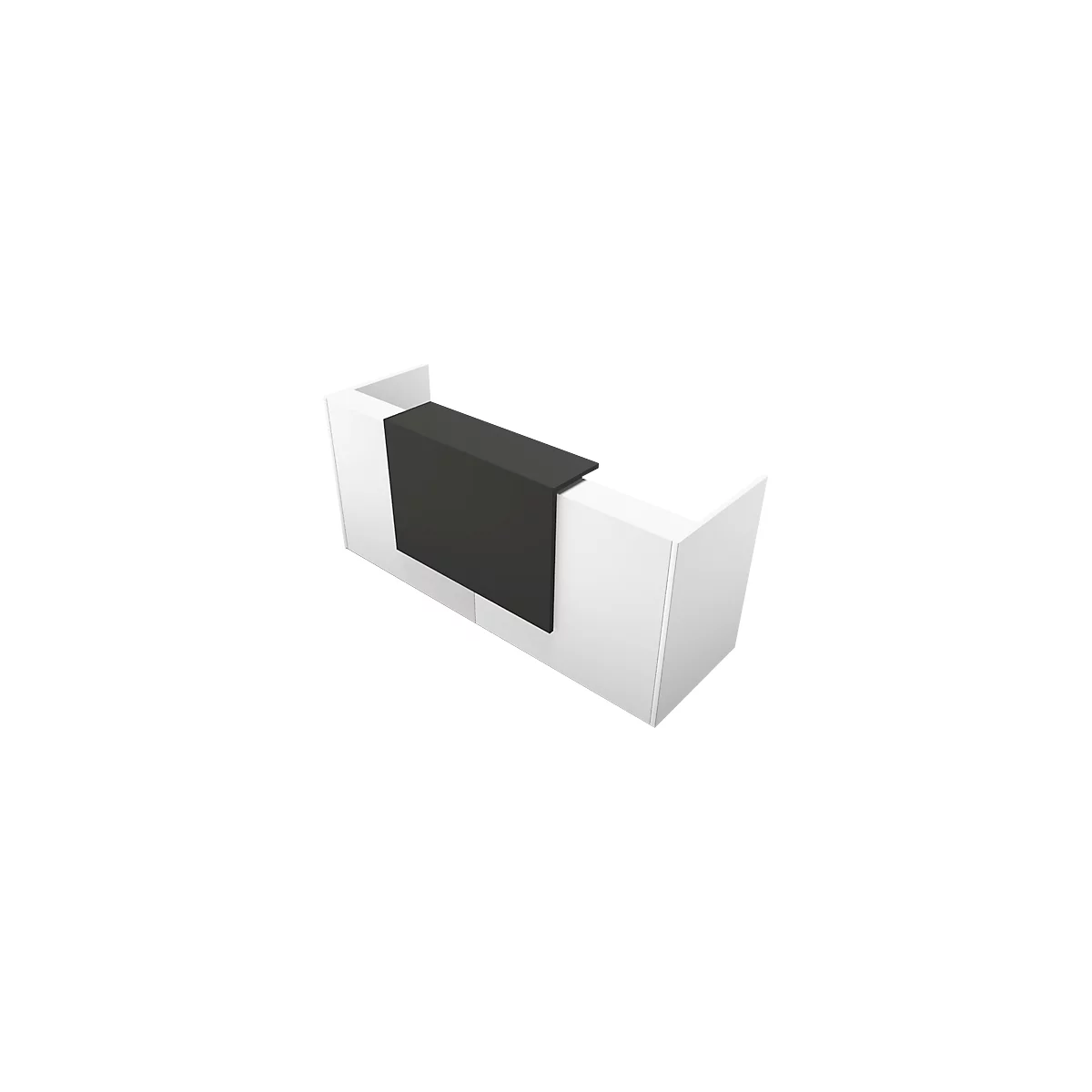 White reception desk with black tabletop.