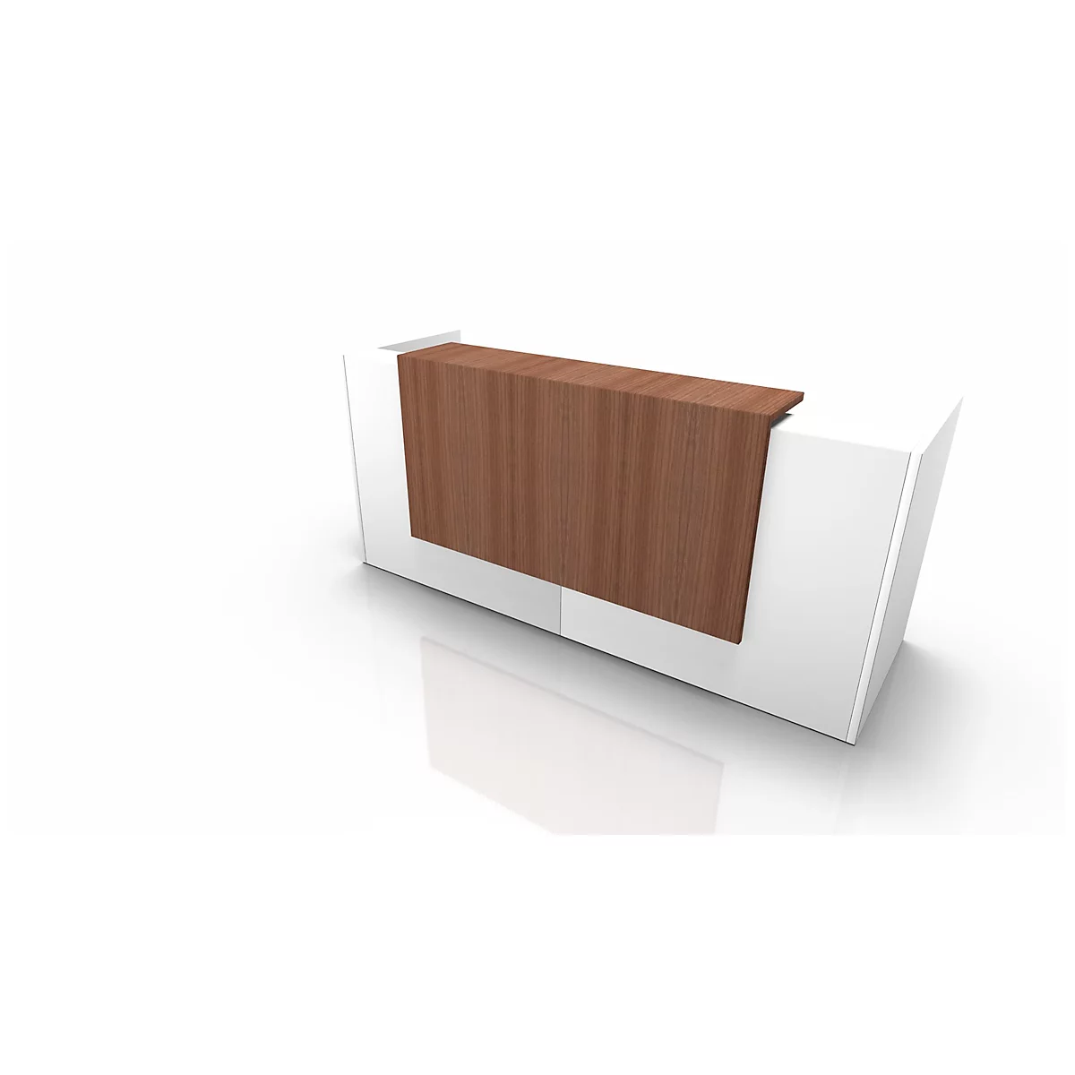 Desk with white body and brown wooden top, on a white background.