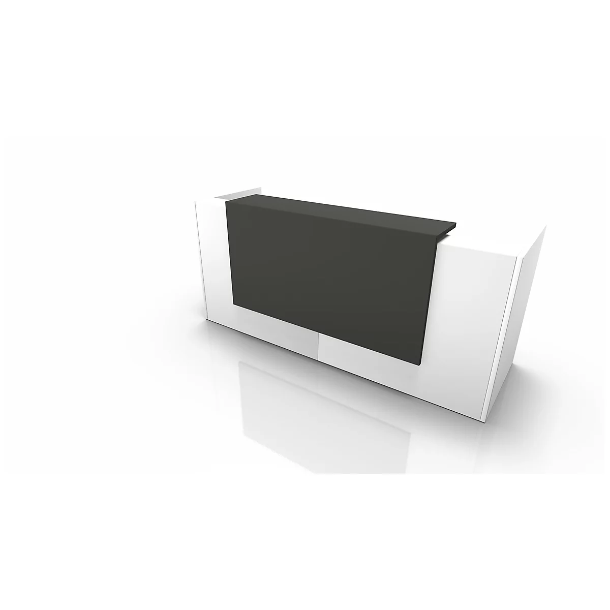 Modern reception desk, white with anthracite front. Minimalist design on white background.