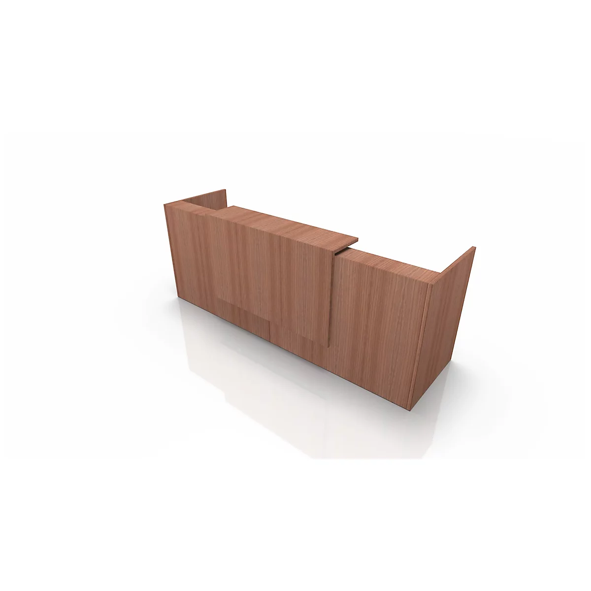 Wooden reception desk on a light background. A narrow part protrudes over the rest.