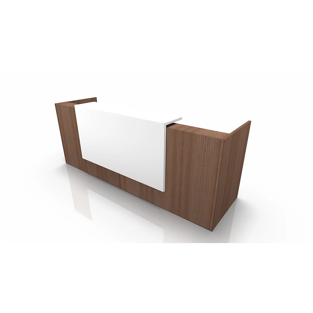 Wooden reception desk with white front. On a glossy surface against a white background.
