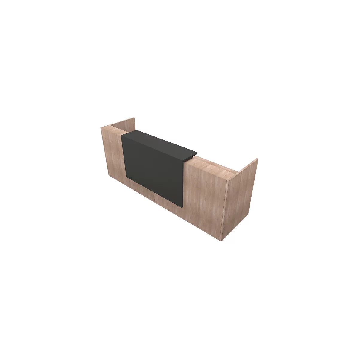 Wooden construction with black element, perspective view. The construction consists of light brown wood and a black, rectangular element.