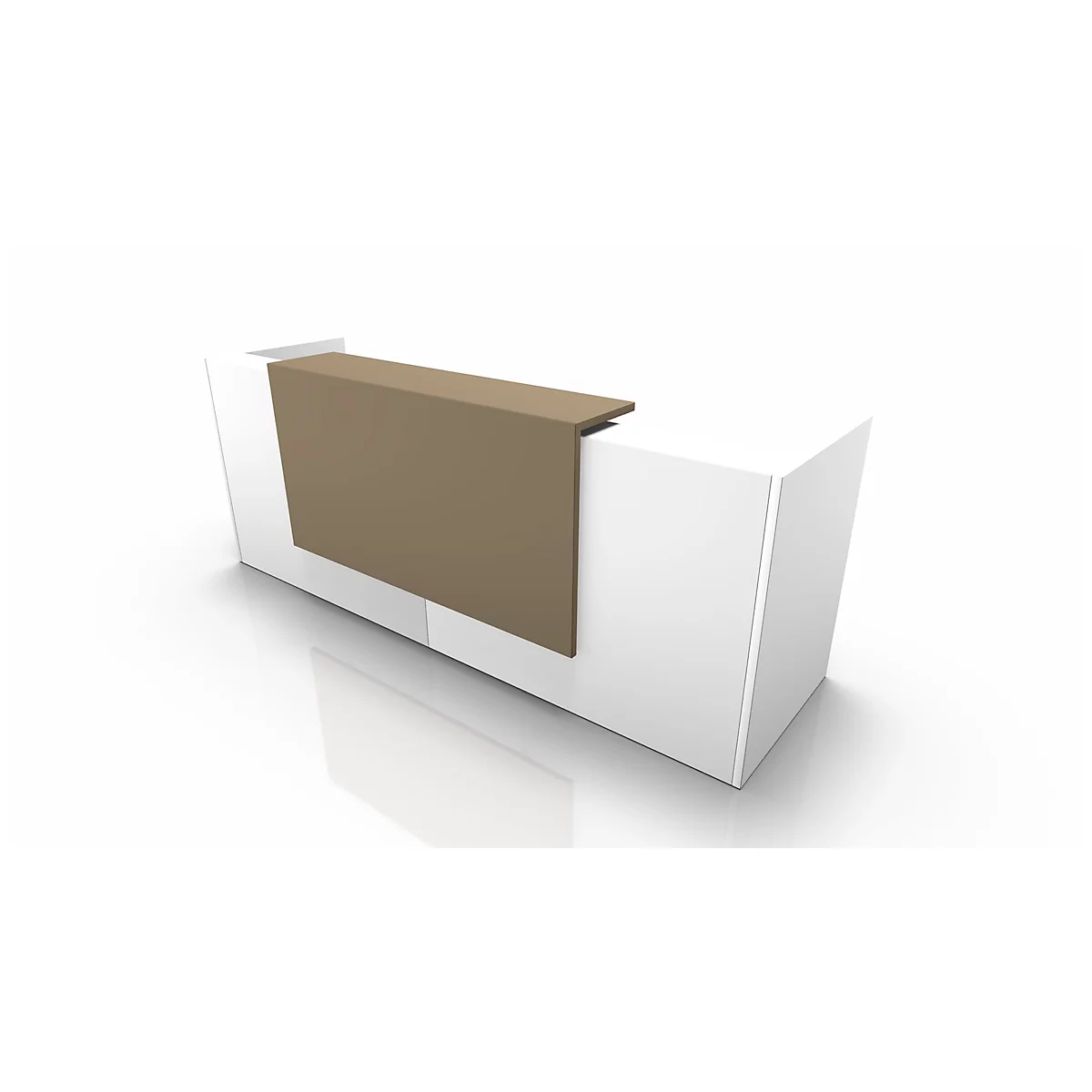 White reception desk with brown shelf. Simple, modern design, against a white background.