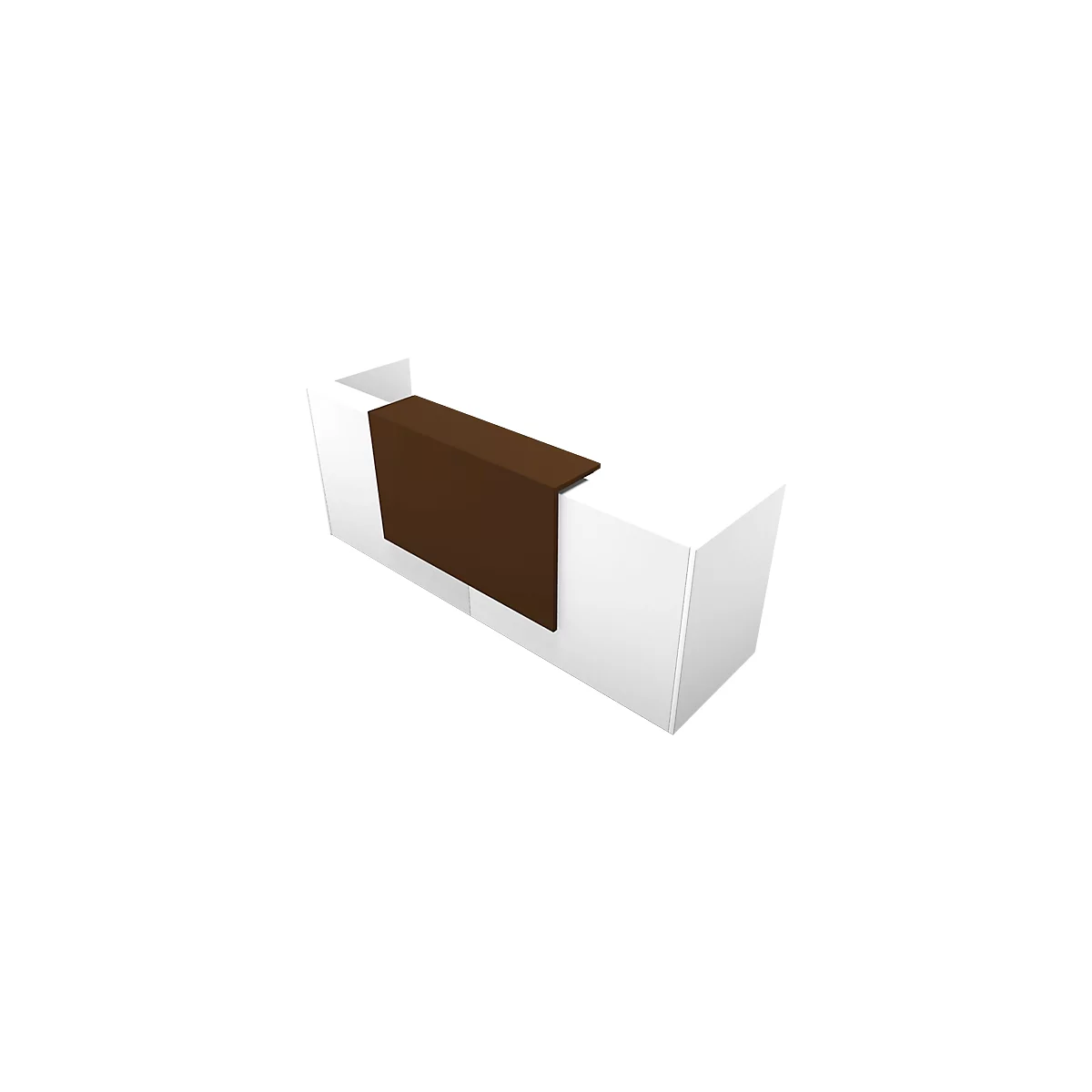 White reception desk with brown front panel.