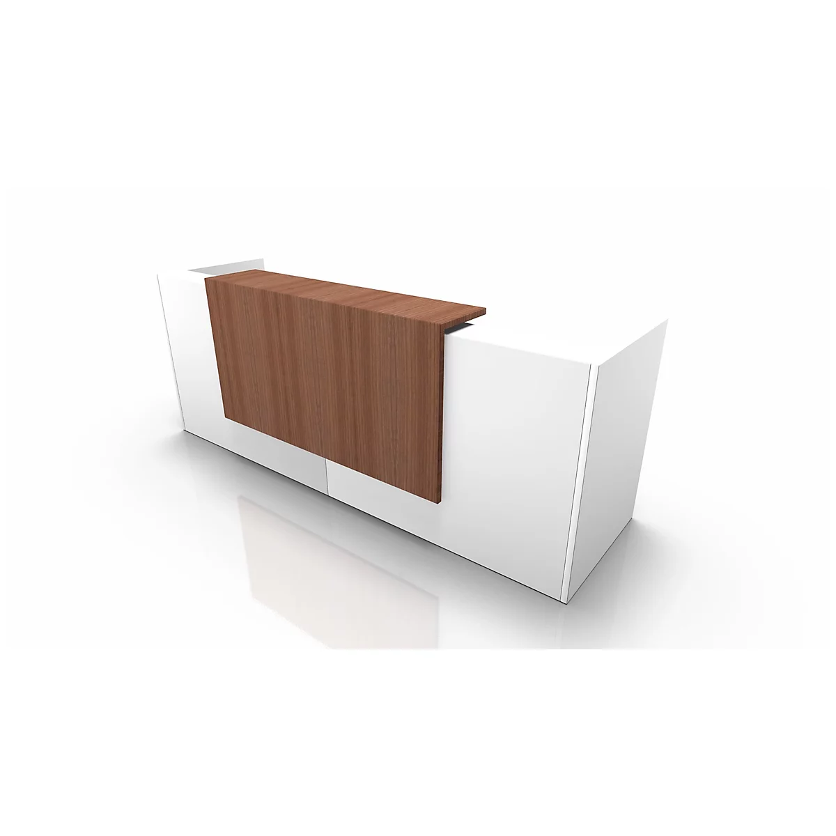 White reception desk with wood paneling. The wood is cross-grained and the top is designed as a counter.